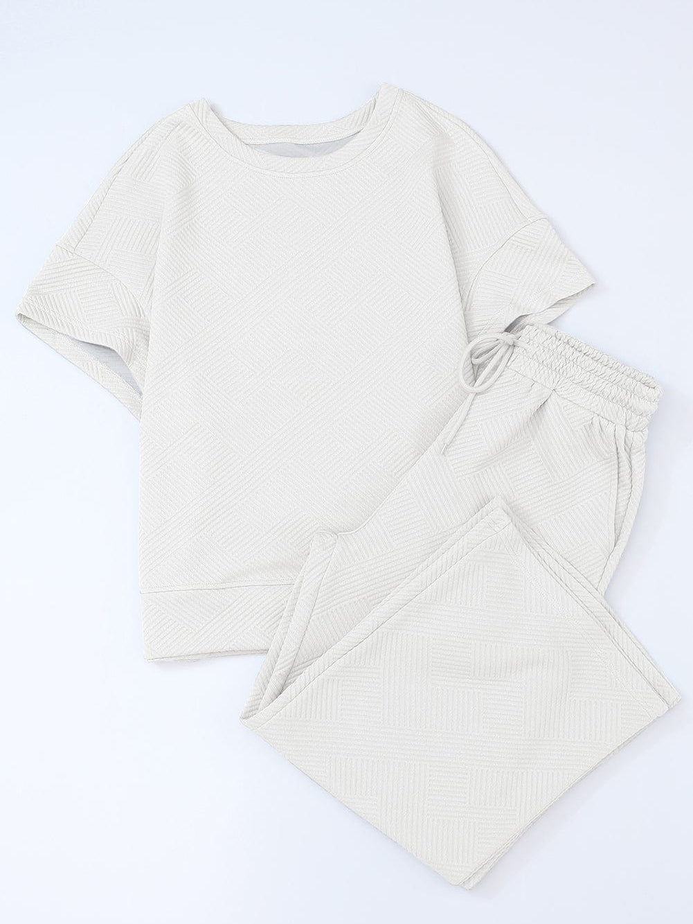 White Ribbed Casual Two Piece Set with Loose Fit T-Shirt and Drawstring Pants