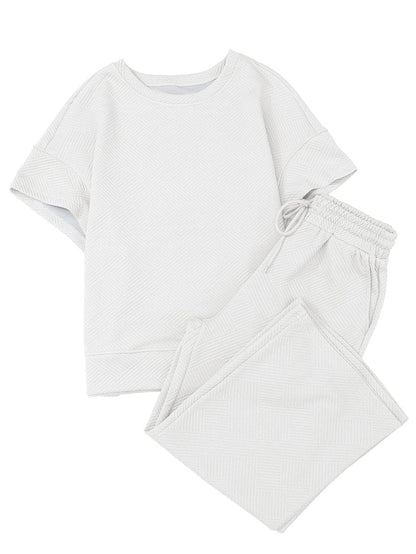 White Ribbed Casual Two Piece Set with Loose Fit T-Shirt and Drawstring Pants