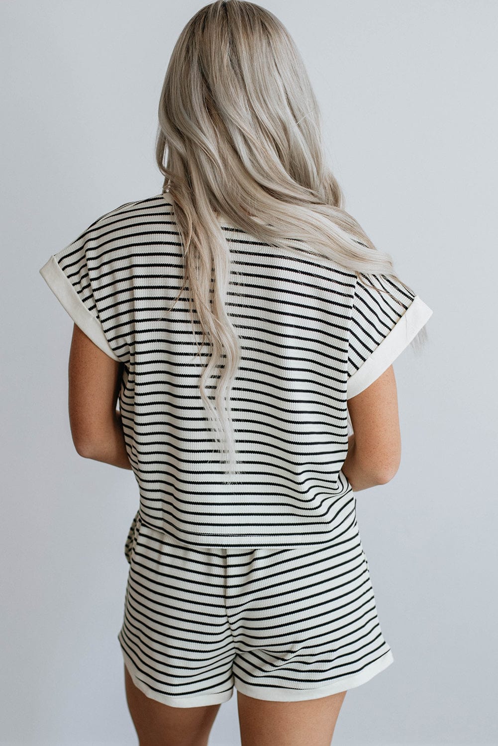 White Striped Casual Tee and Shorts Combo