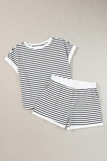 White Striped Casual Tee and Shorts Combo