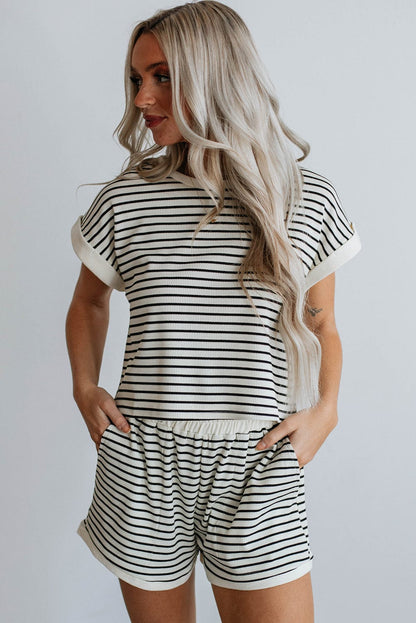 White Striped Casual Tee and Shorts Combo