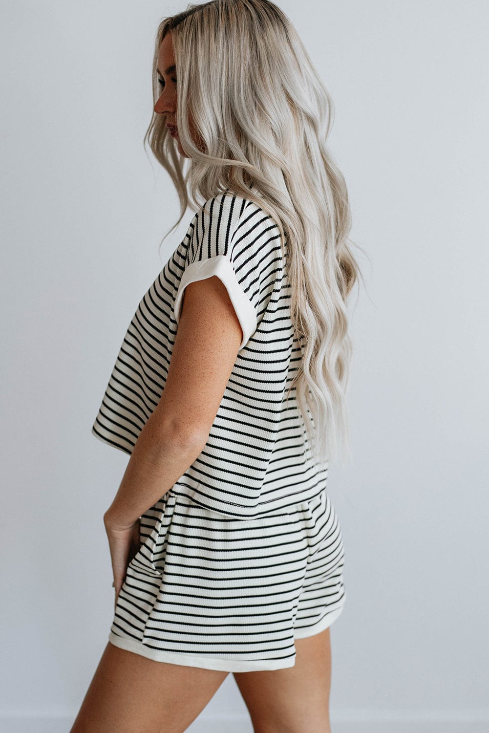 White Striped Casual Tee and Shorts Combo