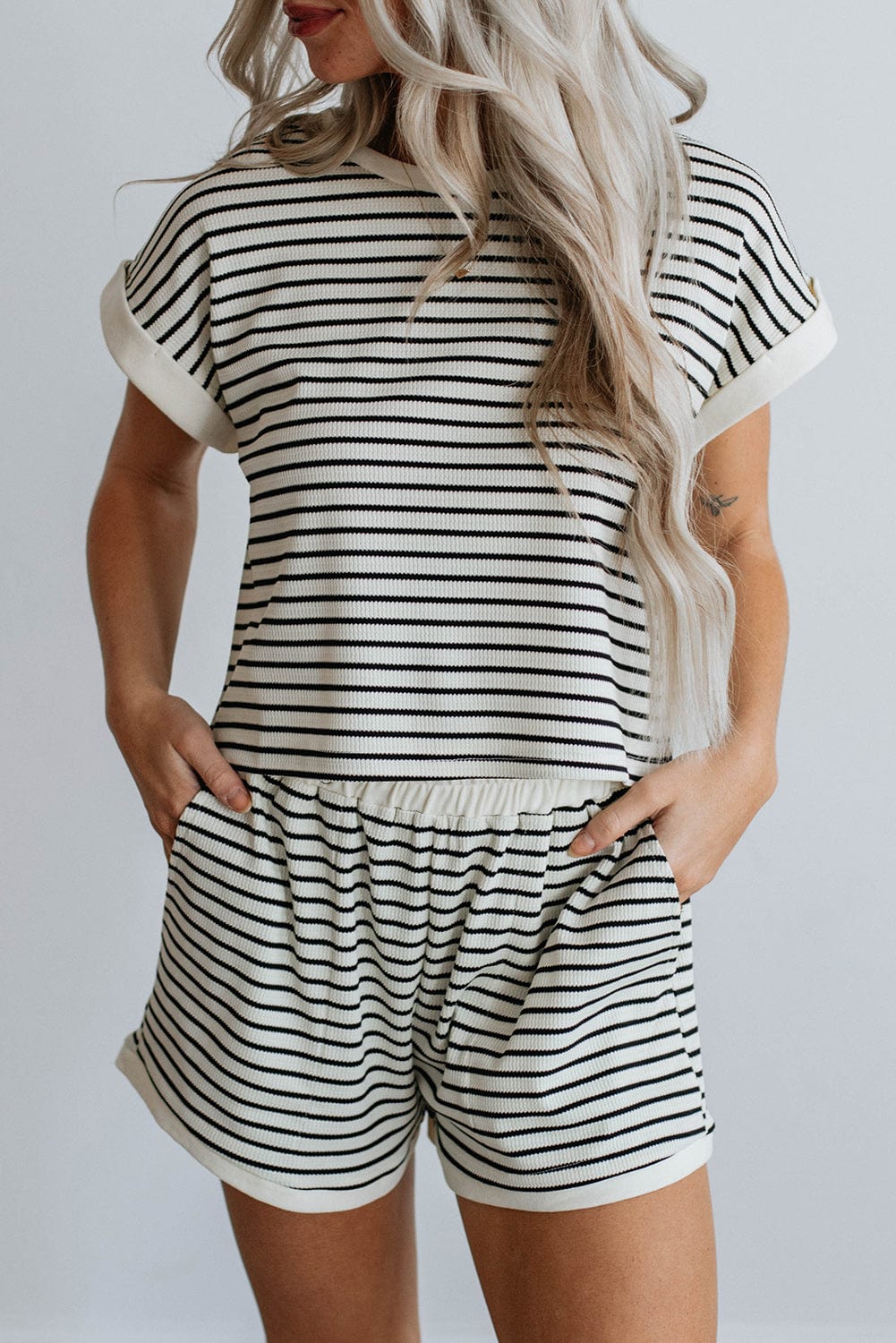 White Striped Casual Tee and Shorts Combo