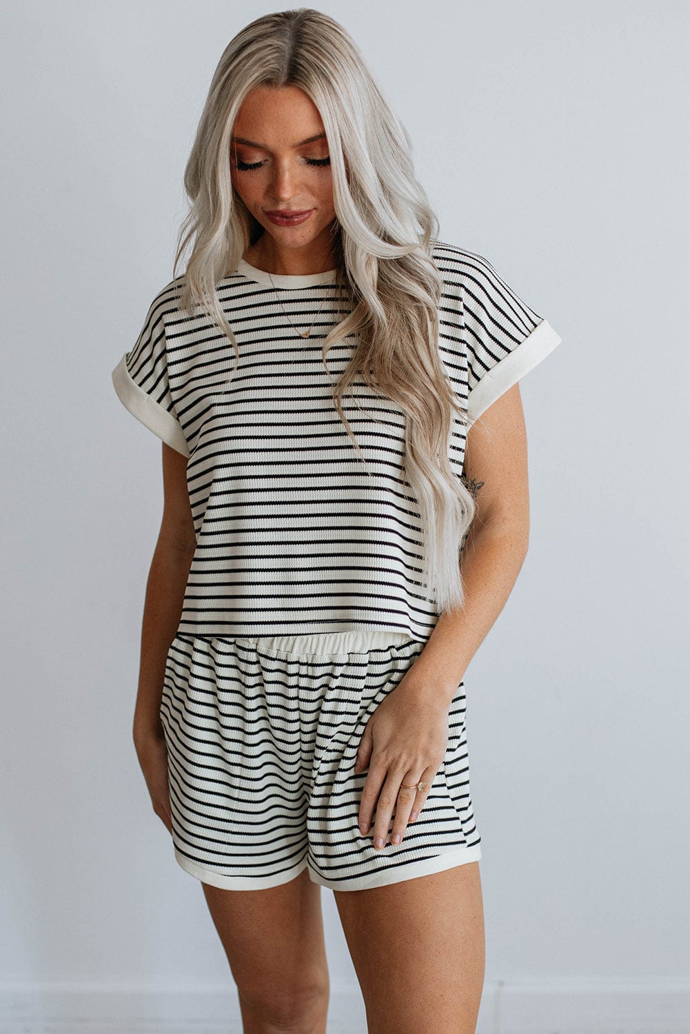 White Striped Casual Tee and Shorts Combo