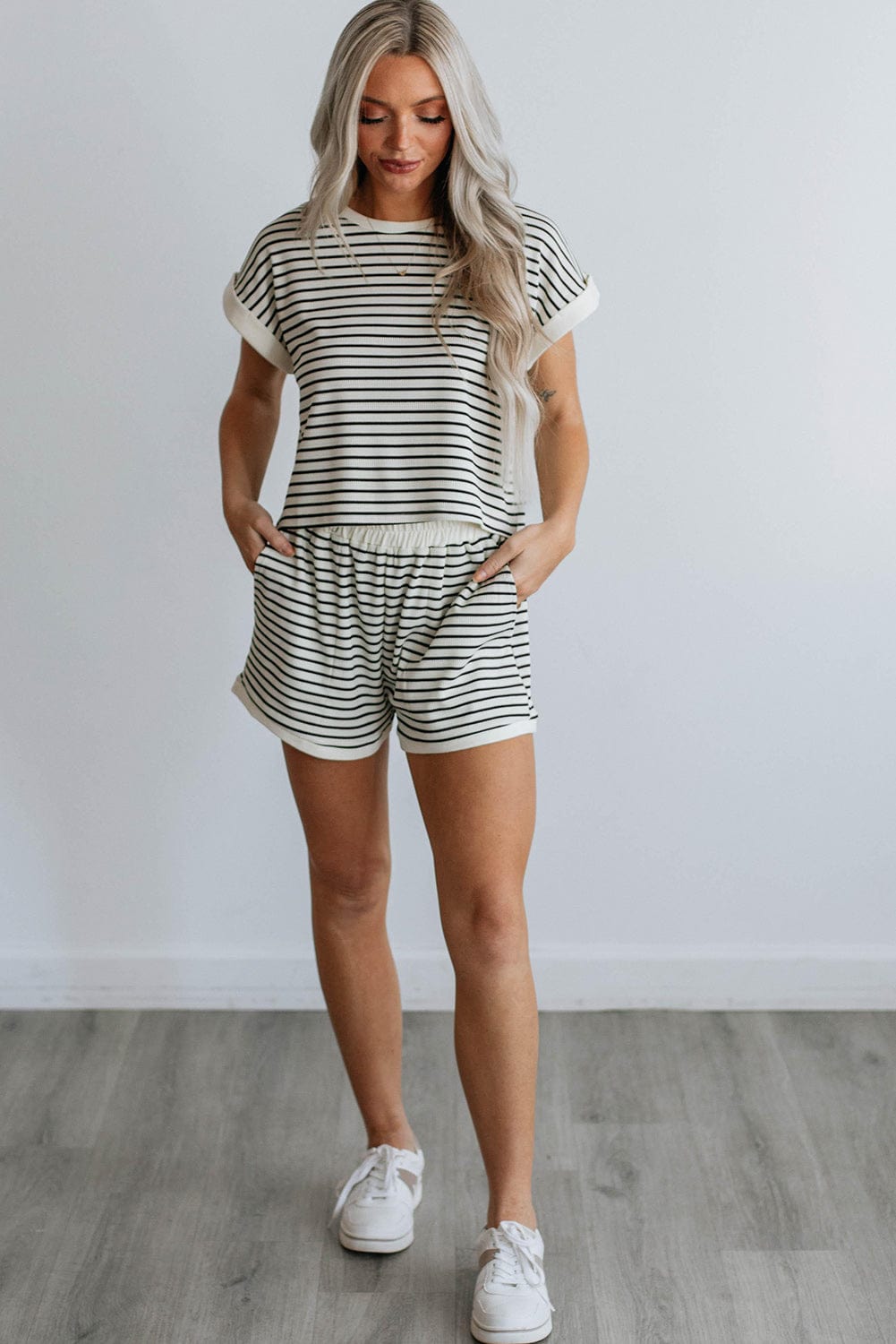 White Striped Casual Tee and Shorts Combo