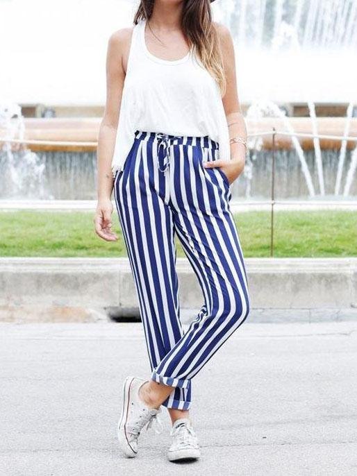 White Tank Top & Blue Striped  Pants for Women