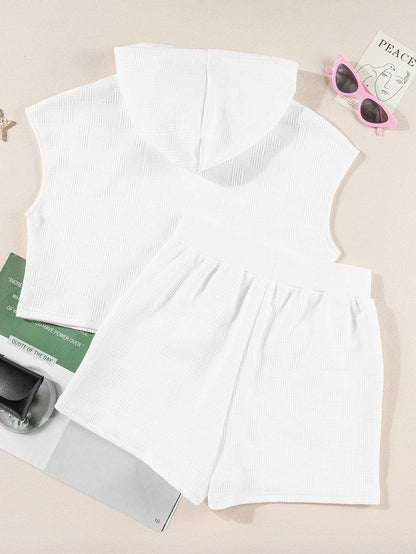 White Textured Hoodie and Shorts Coord Set