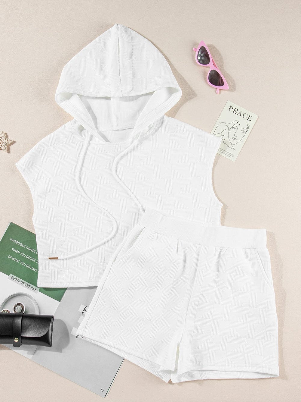 White Textured Hoodie and Shorts Coord Set