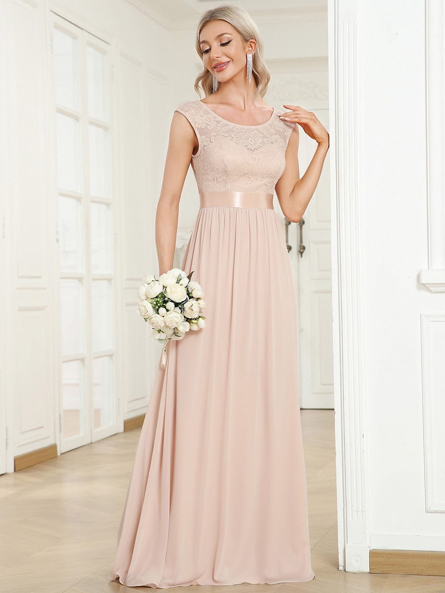 Wholesale V Back Belted Lace & Chiffon Bridesmaid Dresses