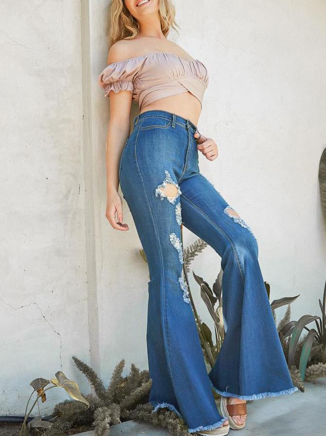 Wide-leg Trendy Ripped Denim Stretch Flared Pants - LuckyFash™