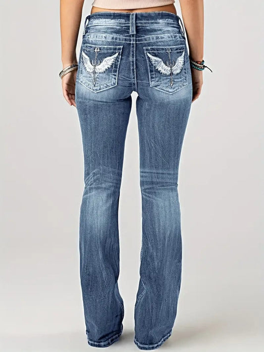Wing Embroidery Bootcut Jeans in Vintage Wash for Women