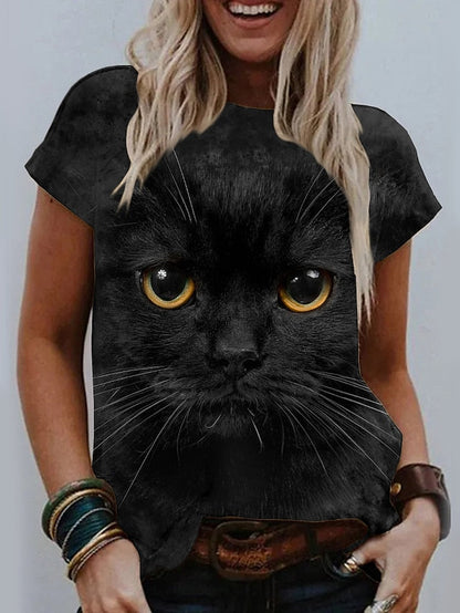 Women's T shirt Tee Black White Light Grey Graphic Cat Print Short Sleeve Casual Daily Cute Vintage Round Neck Regular 3D Cat S - LuckyFash™