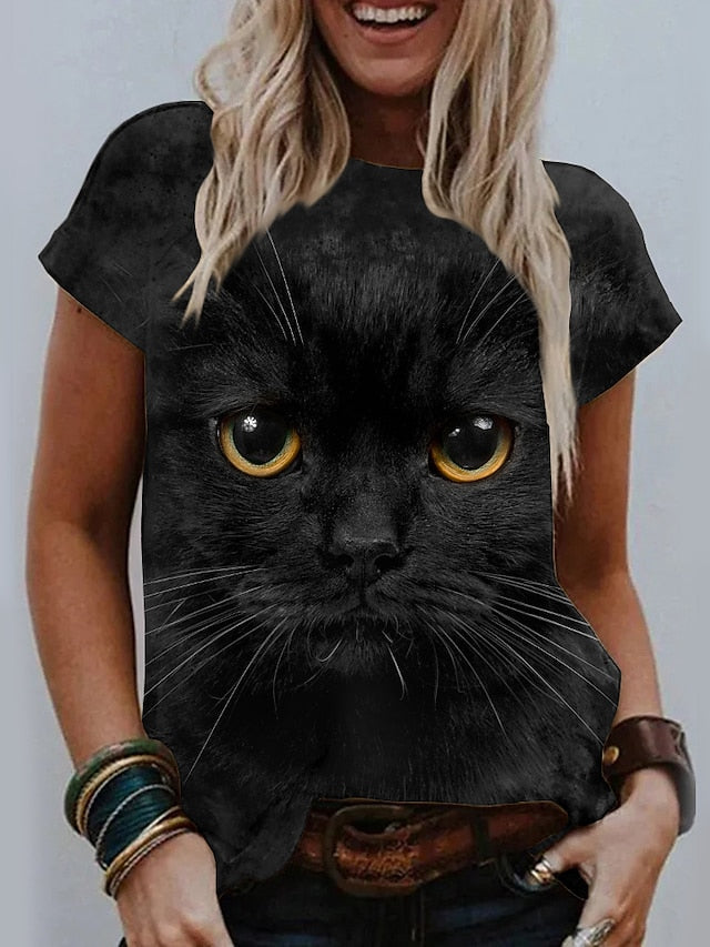 T shirt Tee Black White Light Grey Graphic Cat Print Short Sleeve Casual Daily Cute Vintage Round Neck Regular 3D Cat S for Women