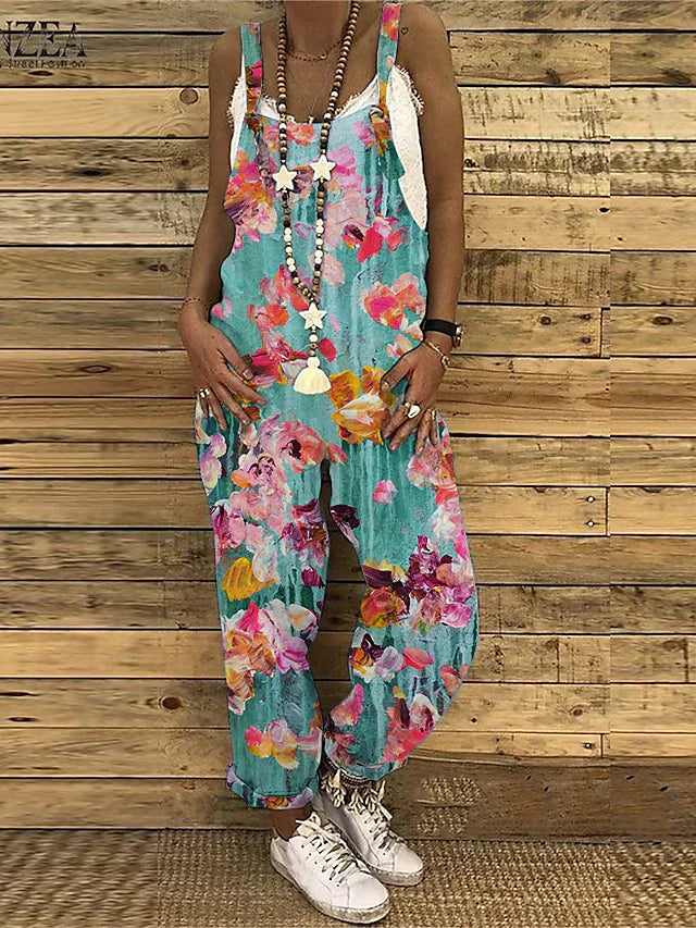 Women's Jumpsuit overall Floral Crew Neck Streetwear Home Straight Loose Fit Spaghetti Strap Tank Light Green Pink Red S M L Fall Summer