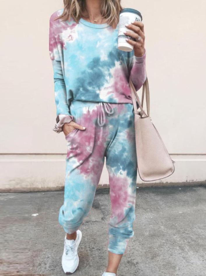 Woman Tie Dye Print Top & Drawstring Pants Set for Women