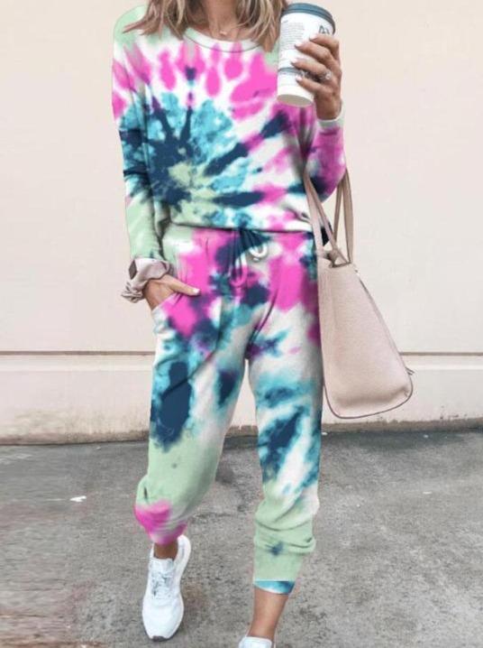 Woman Tie Dye Print Top & Drawstring Pants Set for Women