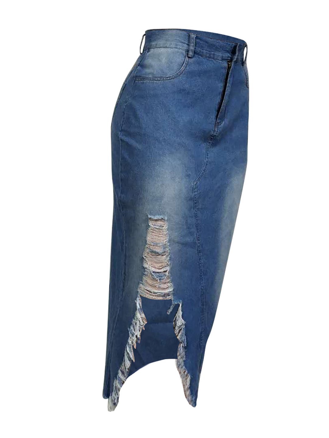 Women Casual Distressed Ripped Denim Jean Split Bodycon Stretched Skirt with Pocket - LuckyFash™