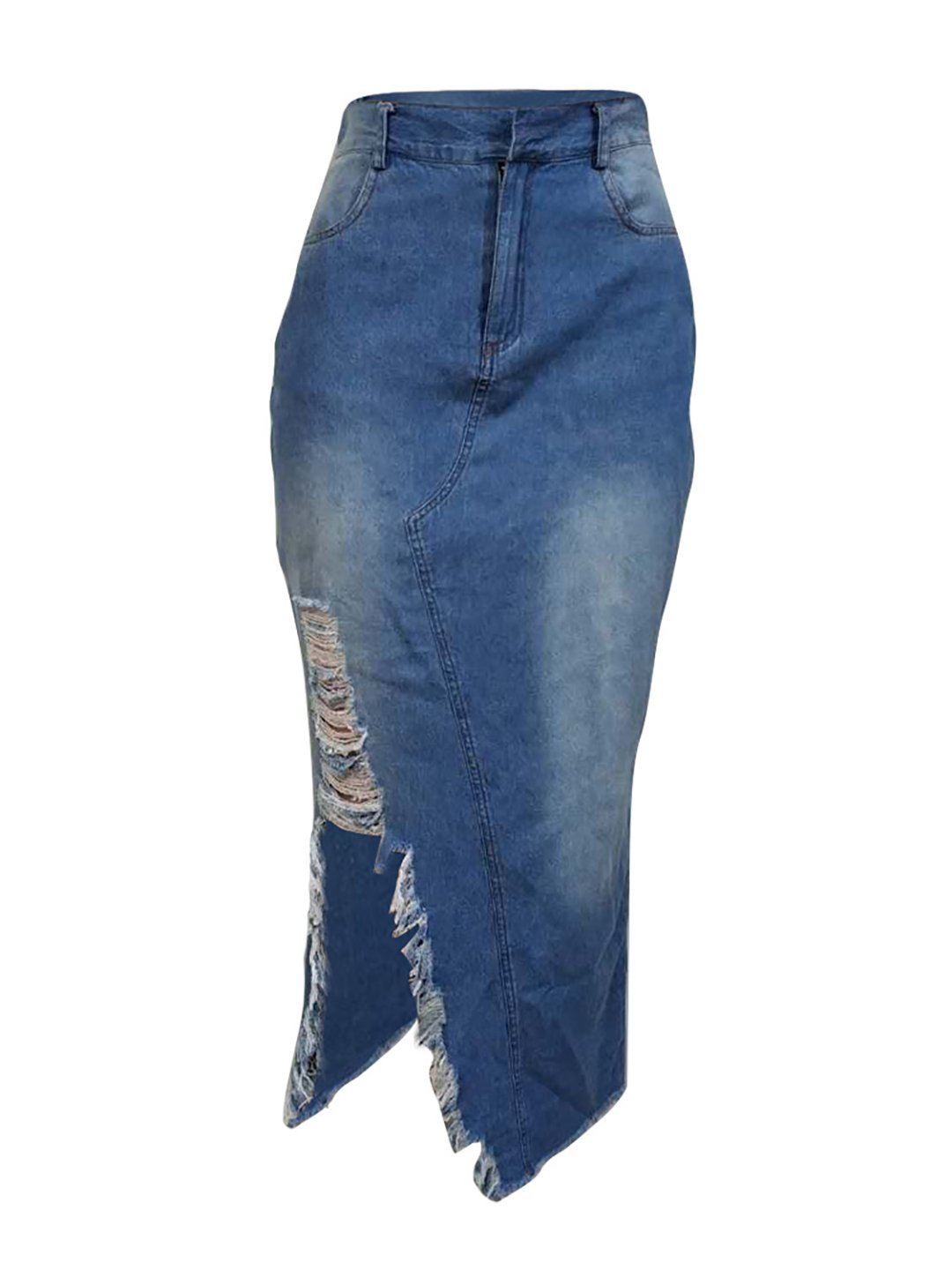 Women Casual Distressed Ripped Denim Jean Split Bodycon Stretched Skirt with Pocket - LuckyFash™