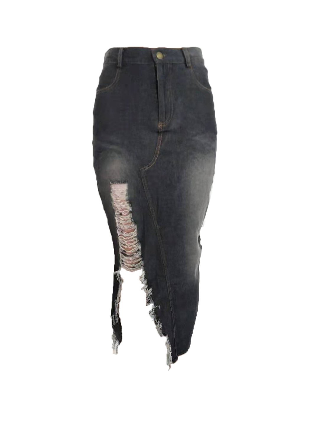 Women Casual Distressed Ripped Denim Jean Split Bodycon Stretched Skirt with Pocket - LuckyFash™