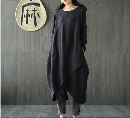 Women Cotton And Linen Slit Dress - LuckyFash™