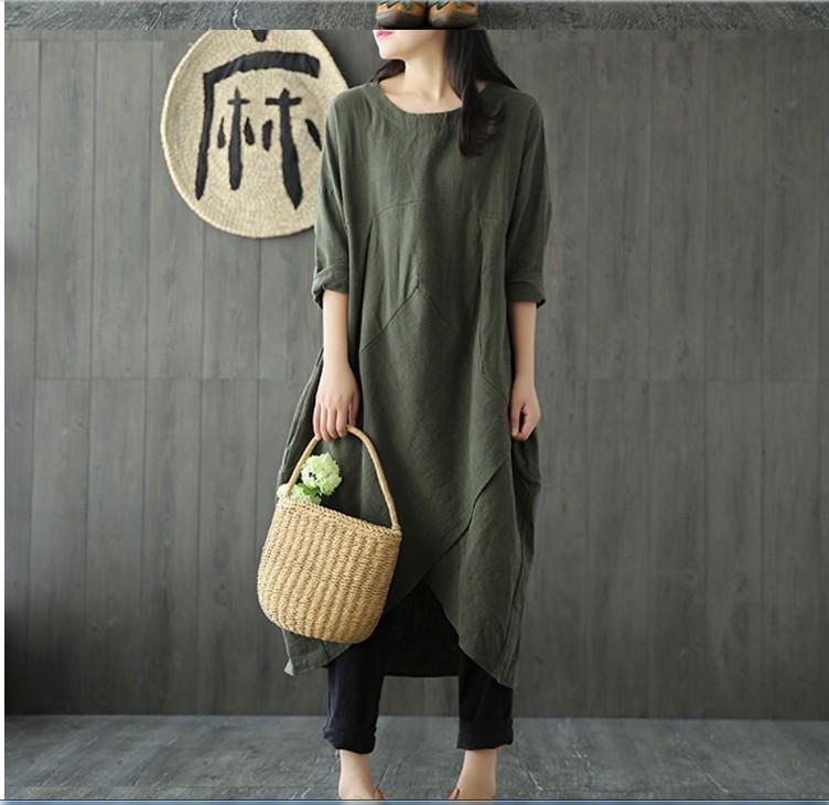 Women Cotton And Linen Slit Dress for Women