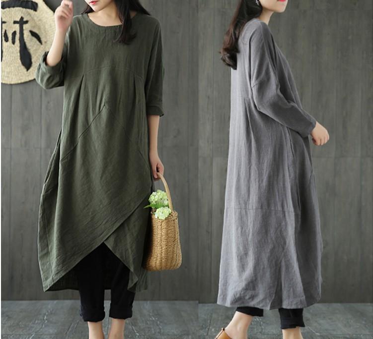 Women Cotton And Linen Slit Dress - LuckyFash™