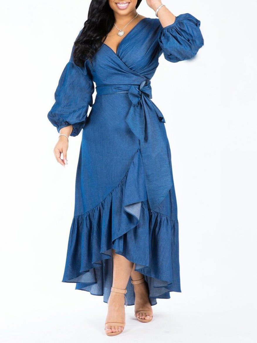 Women Denim V Neck Puff Long Sleeve Ruffle Trim Hem Dress - LuckyFash™