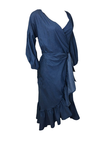 Women Denim V Neck Puff Long Sleeve Ruffle Trim Hem Dress - LuckyFash™