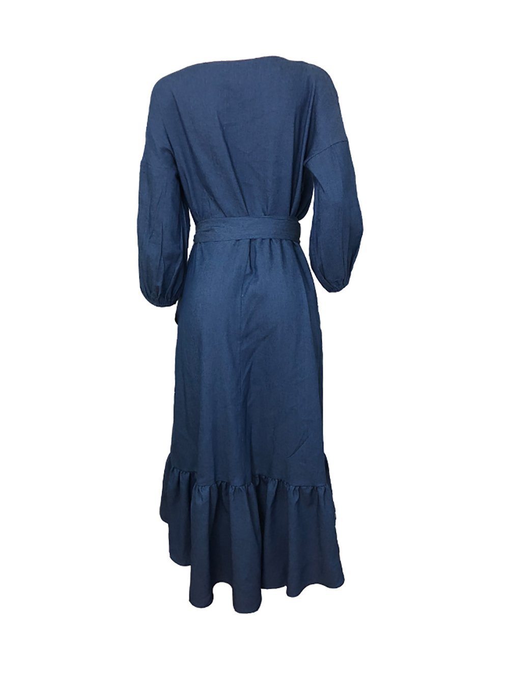 Women Denim V Neck Puff Long Sleeve Ruffle Trim Hem Dress - LuckyFash™