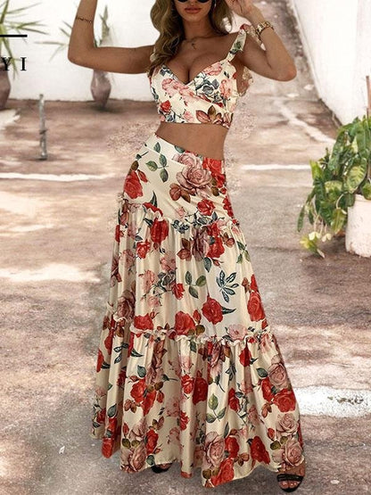 Women Floral Print Sleeveless Crop Top & Floor Length Maxi Skirt Set for Women