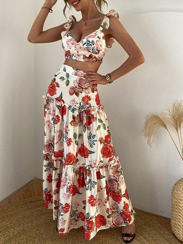 Women Floral Print Sleeveless Crop Top & Floor Length Maxi Skirt Set - LuckyFash™