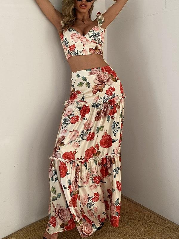 Women Floral Print Sleeveless Crop Top & Floor Length Maxi Skirt Set - LuckyFash™