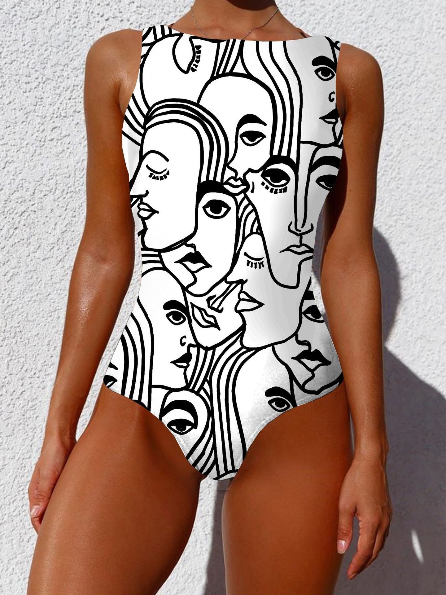 Women Graffiti Abstract Print Wide Straps High Neck Backless Slimming One Piece for Women