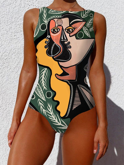 Women Graffiti Abstract Print Wide Straps High Neck Backless Slimming One Piece - LuckyFash™