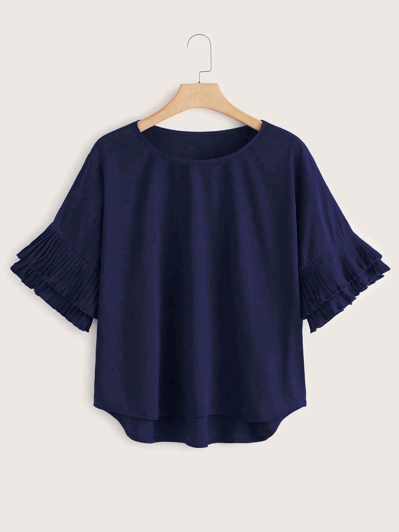 Women Round Collar Pleated Sleeves Top - LuckyFash™