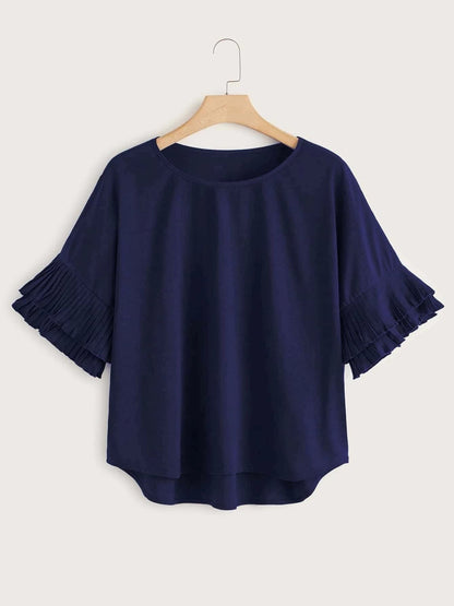 Women Round Collar Pleated Sleeves Top - LuckyFash™