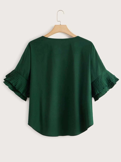 Women Round Collar Pleated Sleeves Top for Women