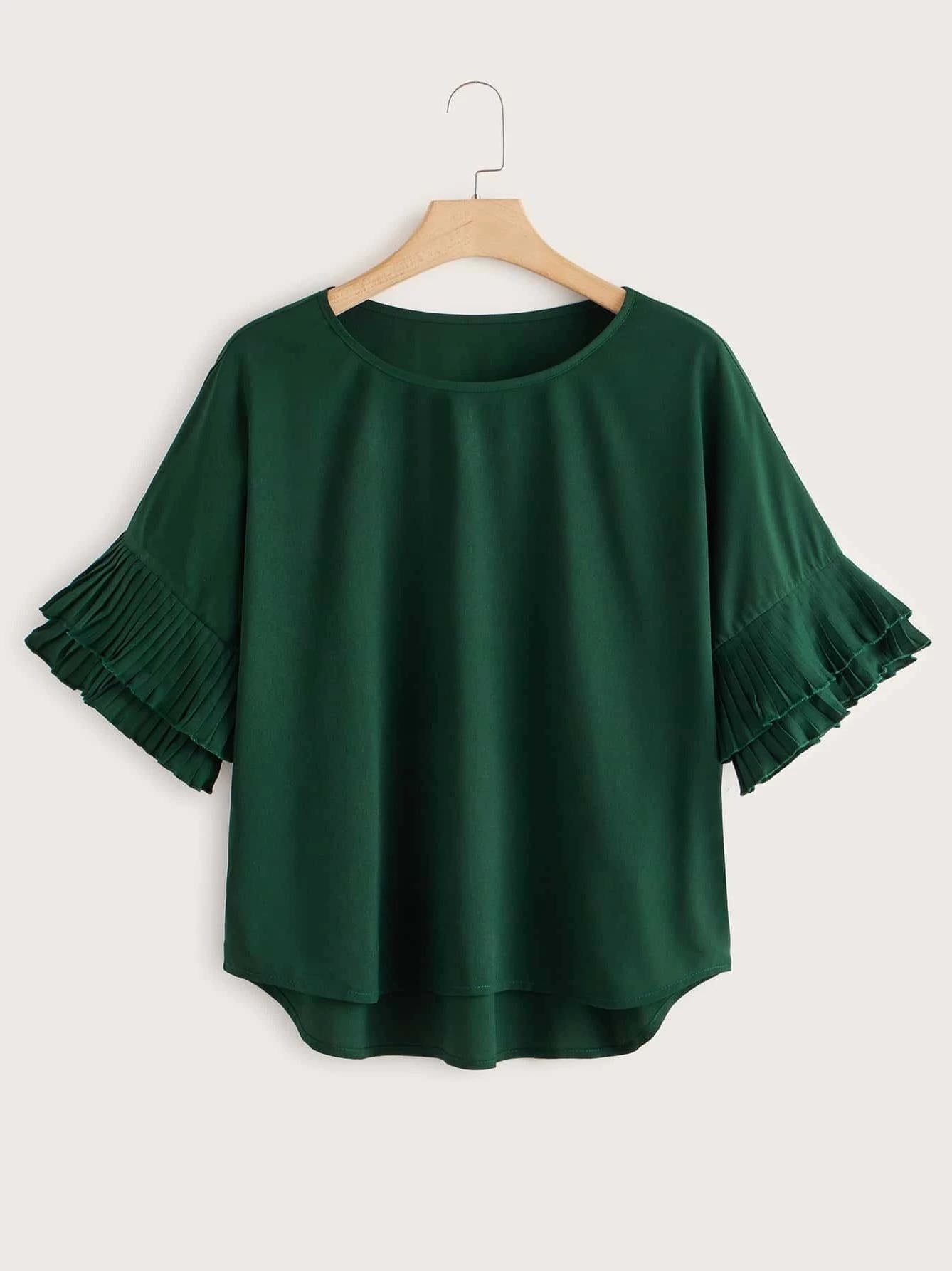 Women Round Collar Pleated Sleeves Top - LuckyFash™