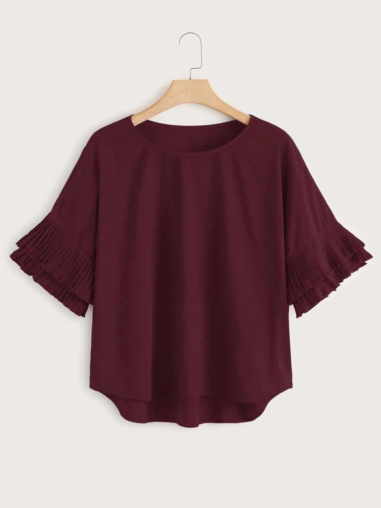 Women Round Collar Pleated Sleeves Top - LuckyFash™