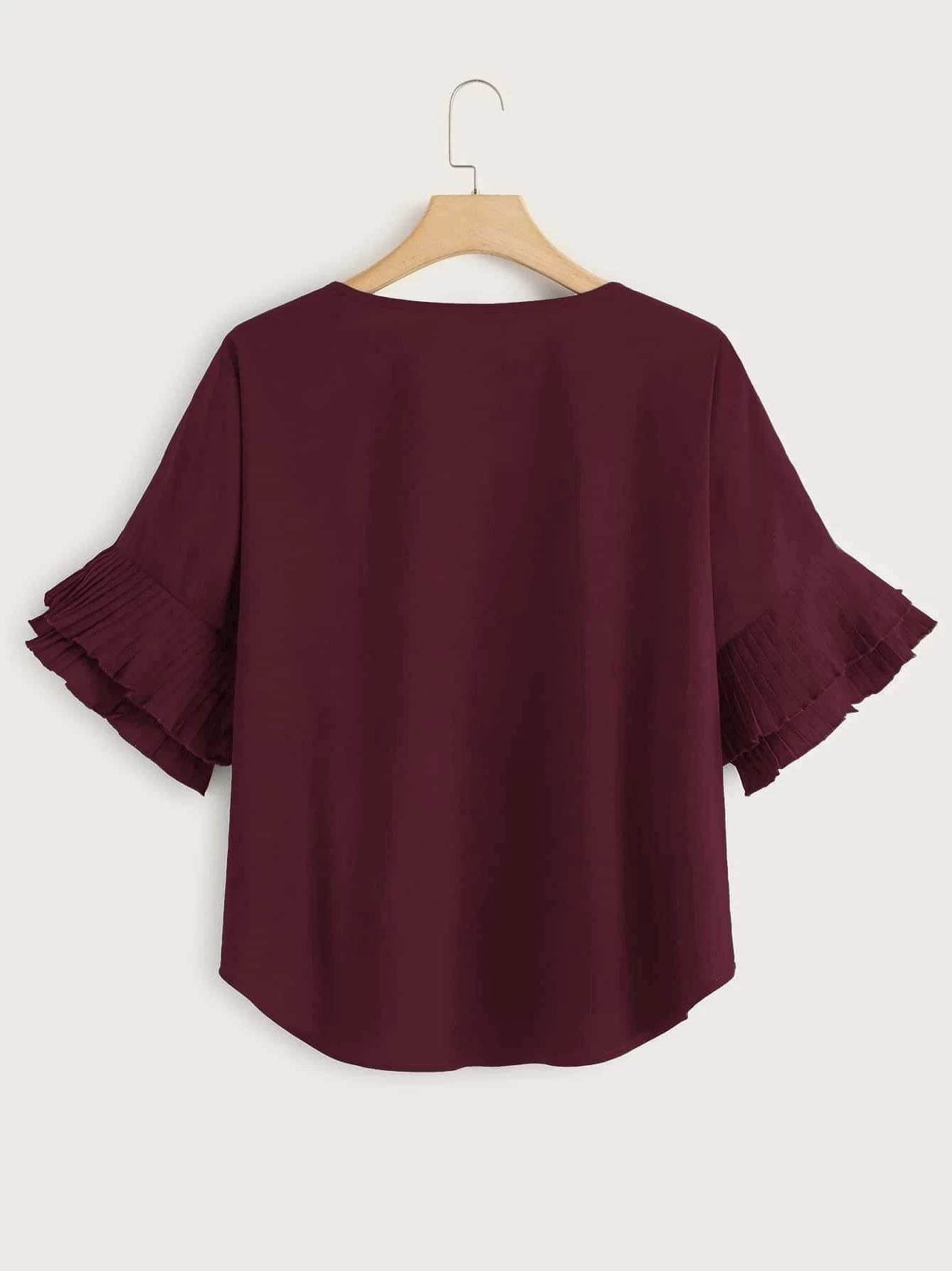 Women Round Collar Pleated Sleeves Top - LuckyFash™