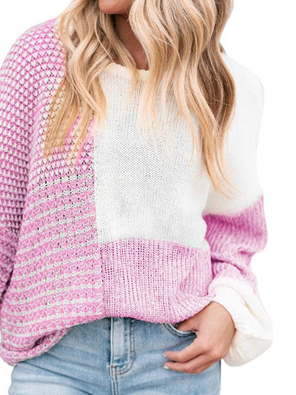 Women's Casual Lantern Sleeve Sweater in Contrast Colors
