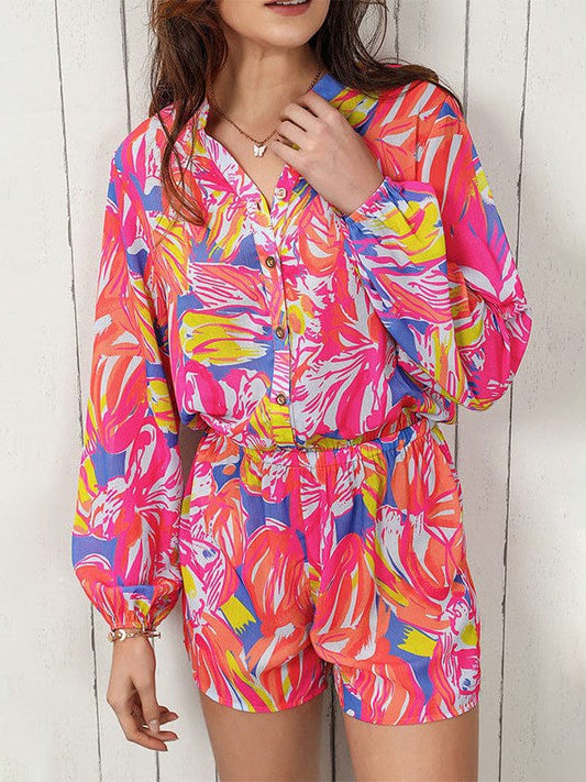 Women's Casual Style Abstract Print Long-Sleeved Jumpsuit with Half-Breasted Design