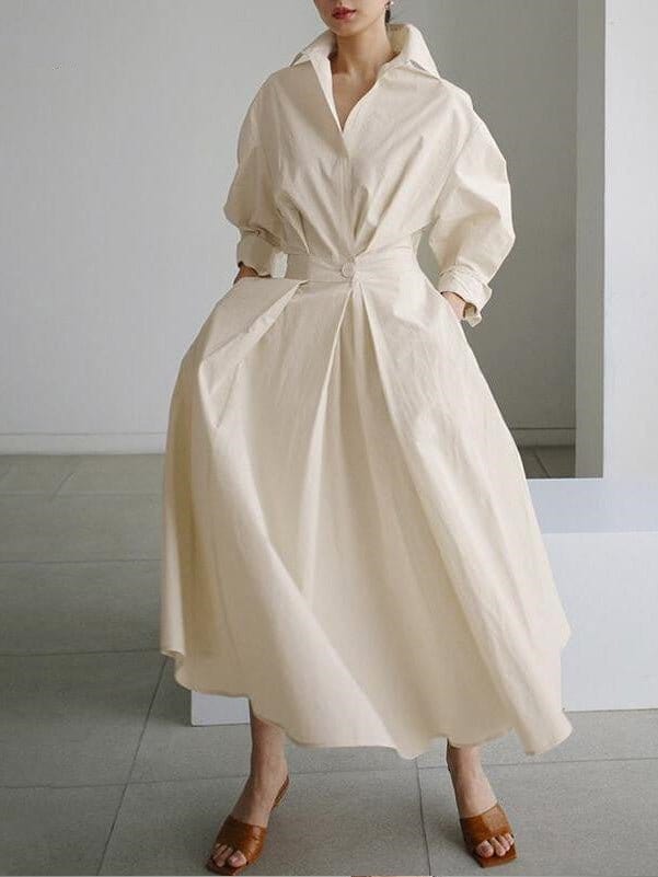 Women's Dresses Lapel Elastic Waist Shirt Long Sleeve Dress