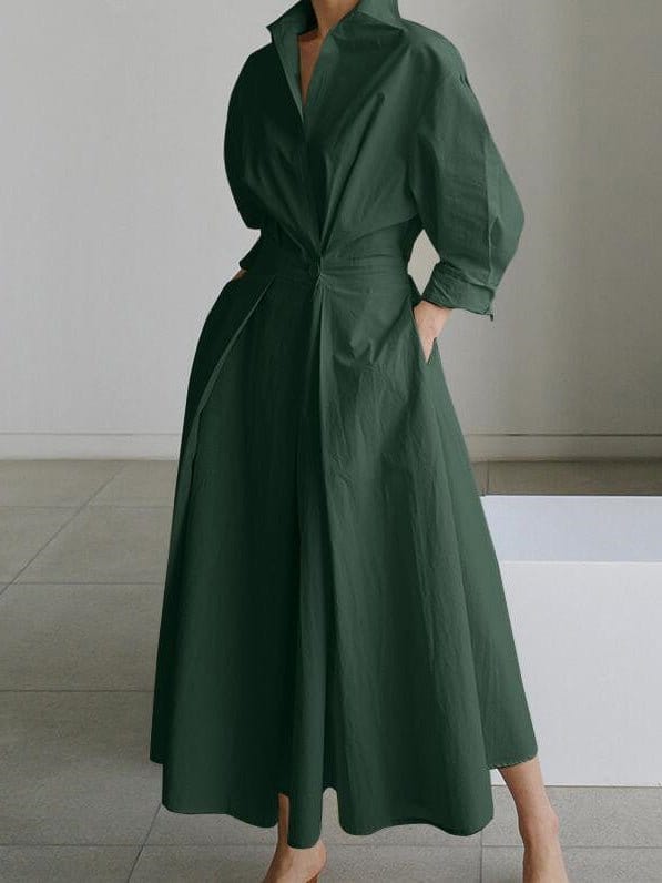 Women's Dresses Lapel Elastic Waist Shirt Long Sleeve Dress