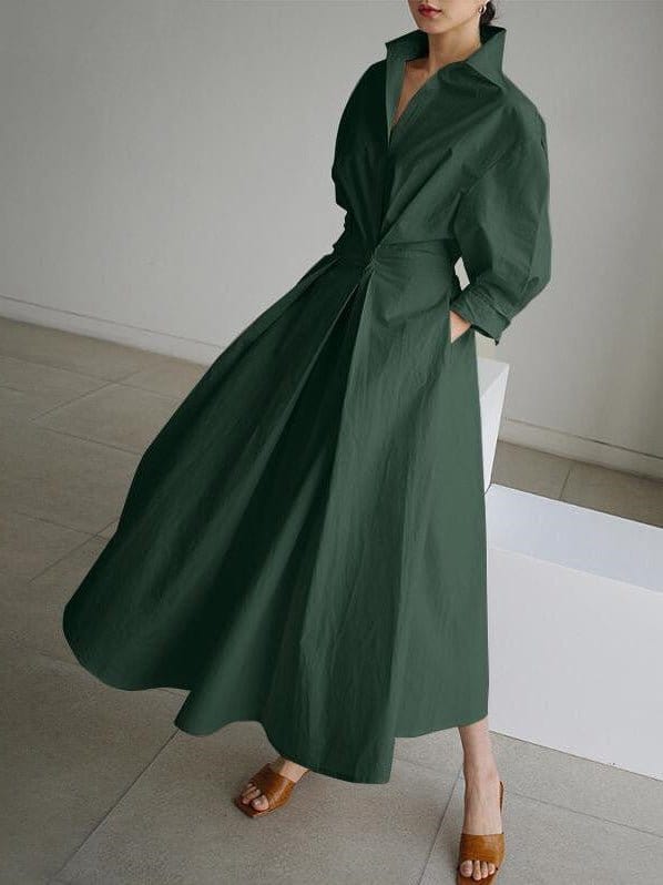 Women's Dresses Lapel Elastic Waist Shirt Long Sleeve Dress