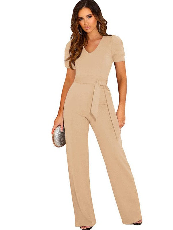 Women's Elegant V-Neck Lace-Up Puff Sleeve Jumpsuit with Wide-Leg Style