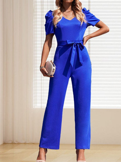 Women's Elegant V-Neck Lace-Up Puff Sleeve Jumpsuit with Wide-Leg Style