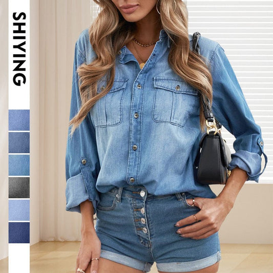 Women's Loose Fit Long-Sleeve Denim Shirt with Frayed Edge