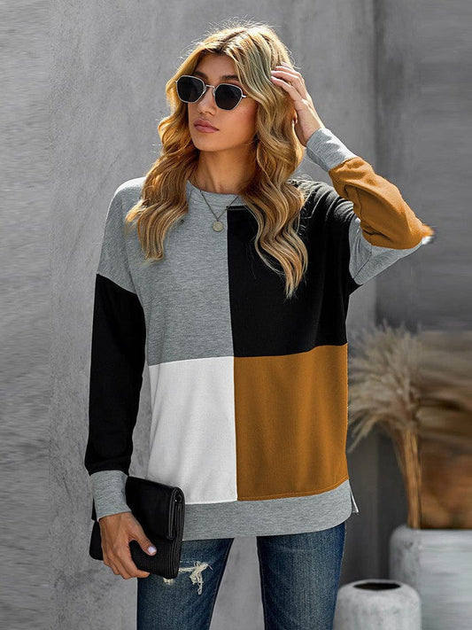 Women's Loose Fit Round Neck Sweatshirt with Contrast Color Detail - Long Sleeve Top