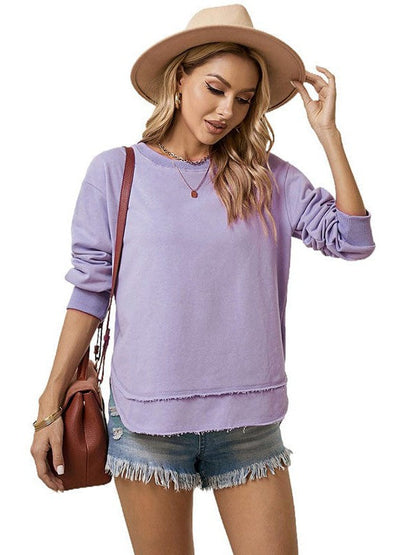 Women's Loose Fit Sweatshirt with Irregular Hem and Round Neck